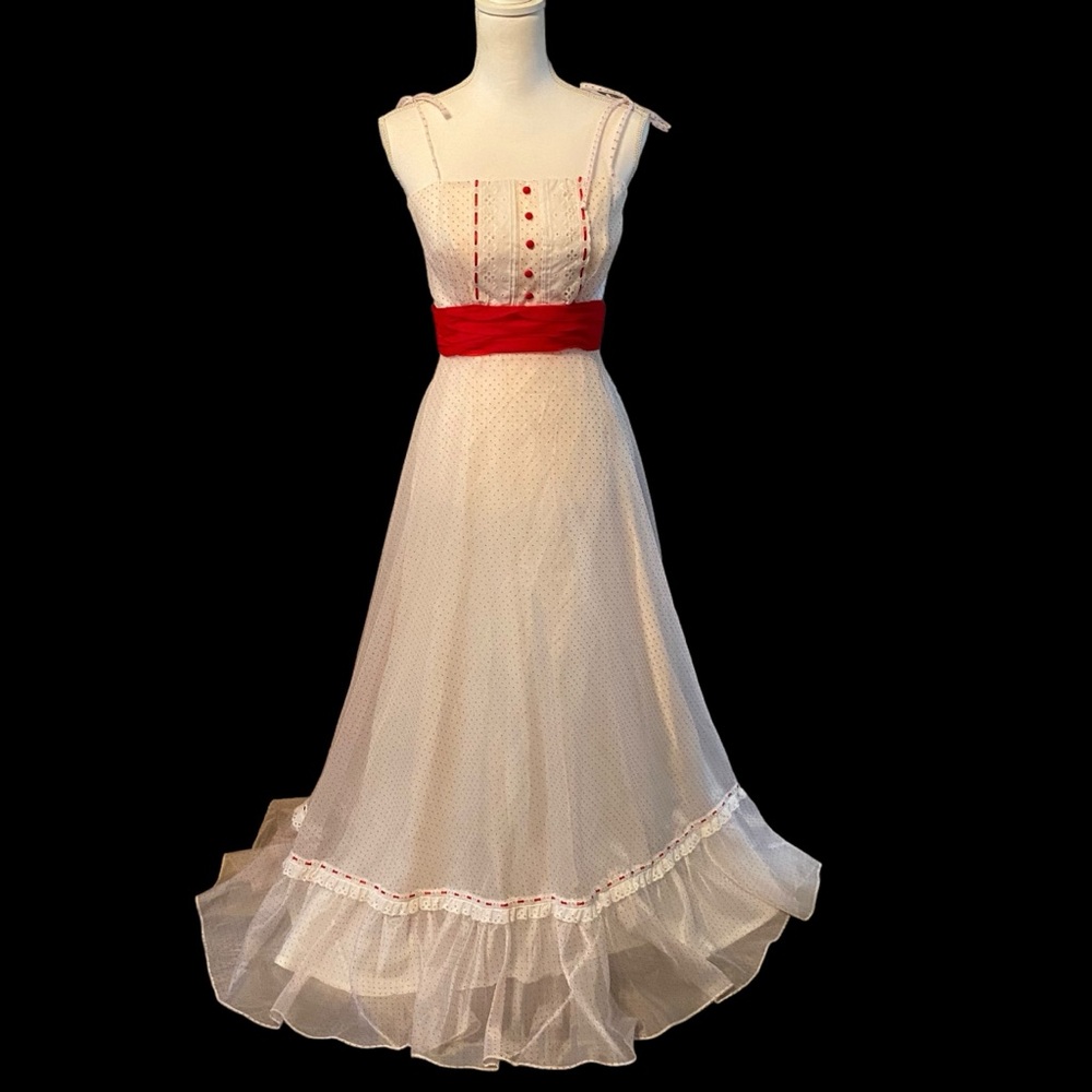 ILGWU Union Made Vintage Red Polka Dot w Eyelet Trim Ruffled Prom Dress